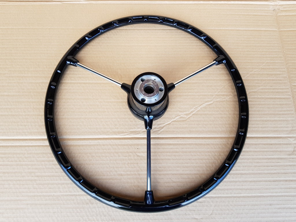 Black 3 spoke steering wheel for VW type 2 early bay window 1967 to 1973