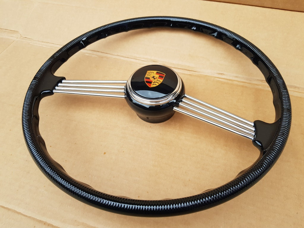 'USED' Porsche 356 A + Pre A Style Banjo Steering Wheel with Stuttgart Crest logo Horn Button Push
